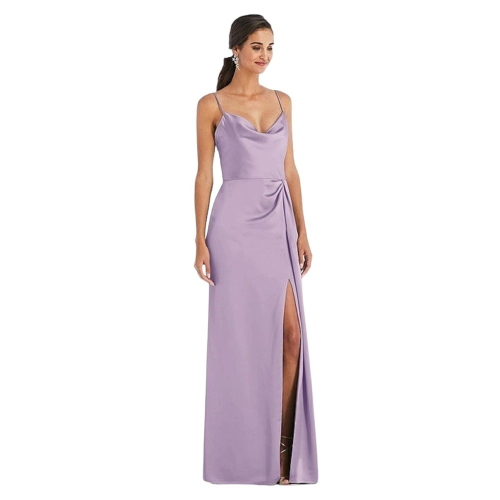 Dessy Collection Purple Bridesmaid Dress Satin Feel Wrap Slit Maxi‎ Dress